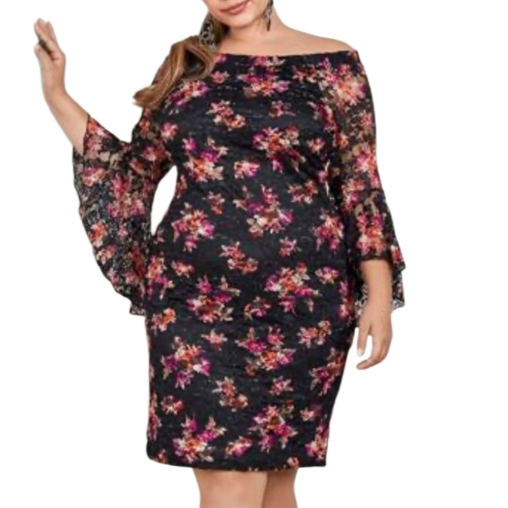 Venus Floral Dress Size 22 Black Bell Sleeve Lace NWOT Off The Shoulder Formal